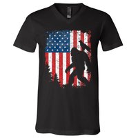 Bigfoot 4th Of July Bald Eagle American USA Flag Patriotic V-Neck T-Shirt