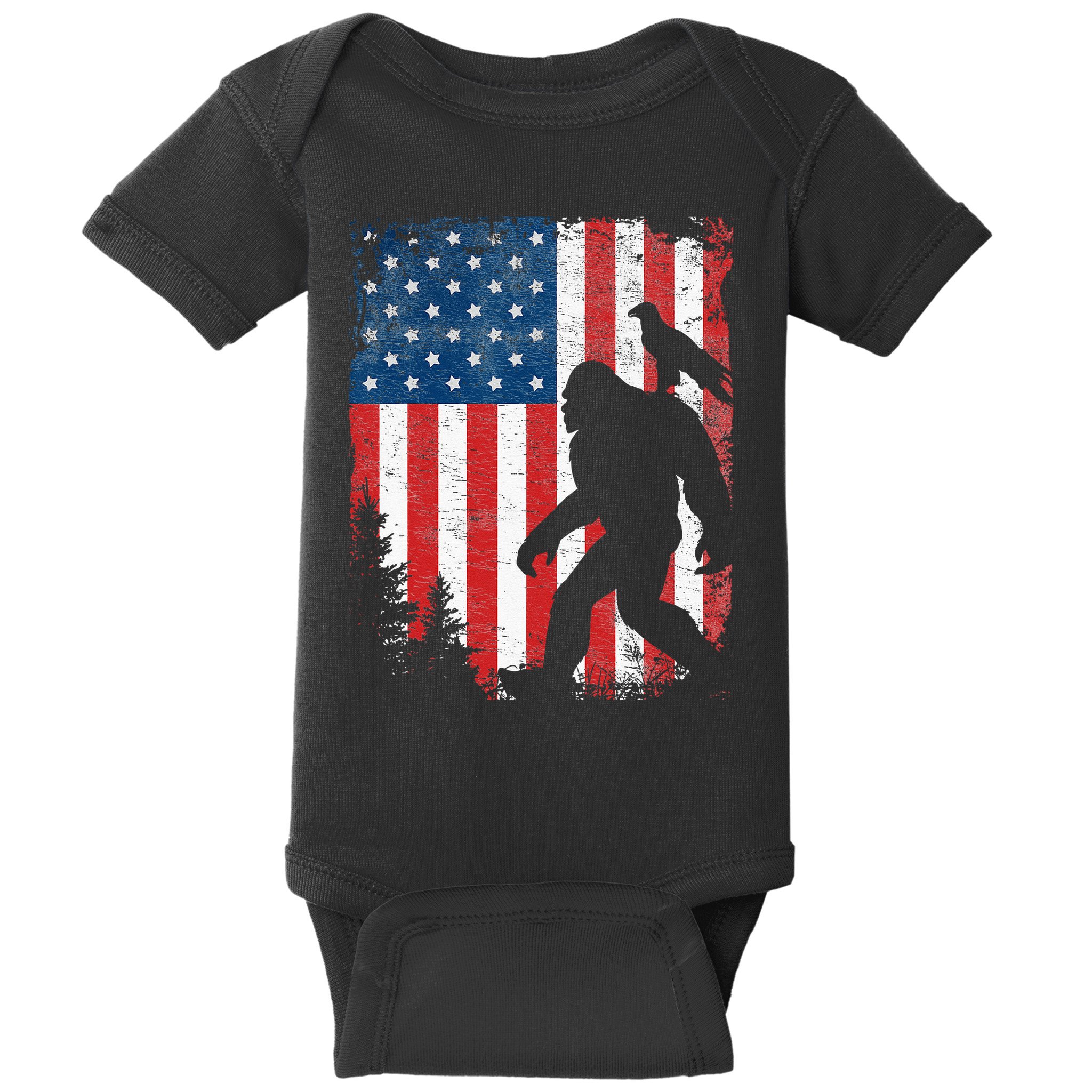 Bigfoot 4th Of July Bald Eagle American USA Flag Patriotic Baby Bodysuit