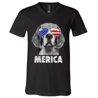 Beagle 4th Of July Merica Sunglasses Usa American Flag V-Neck T-Shirt