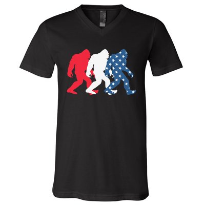 Bigfoot 4th Of July Sasquatch American Flag Patriotic USA V-Neck T-Shirt