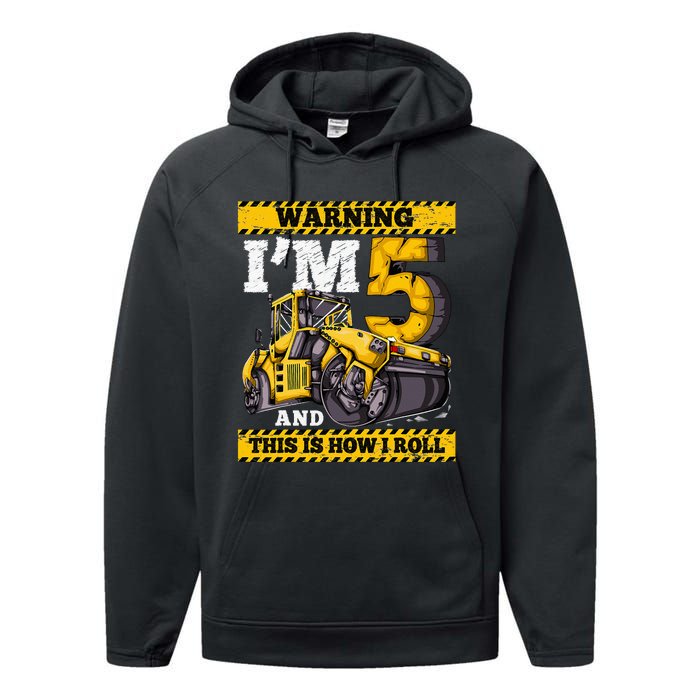 Birthday 5 Construction 5th Birthday Roller 5th Birthday Performance Fleece Hoodie