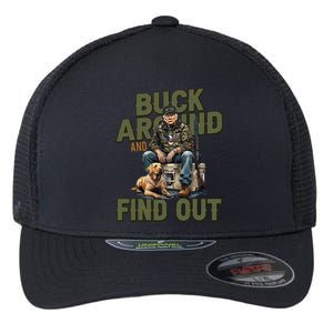 Buck Around And Find Out Funny Trump Camo Hunting Flexfit Unipanel Trucker Cap