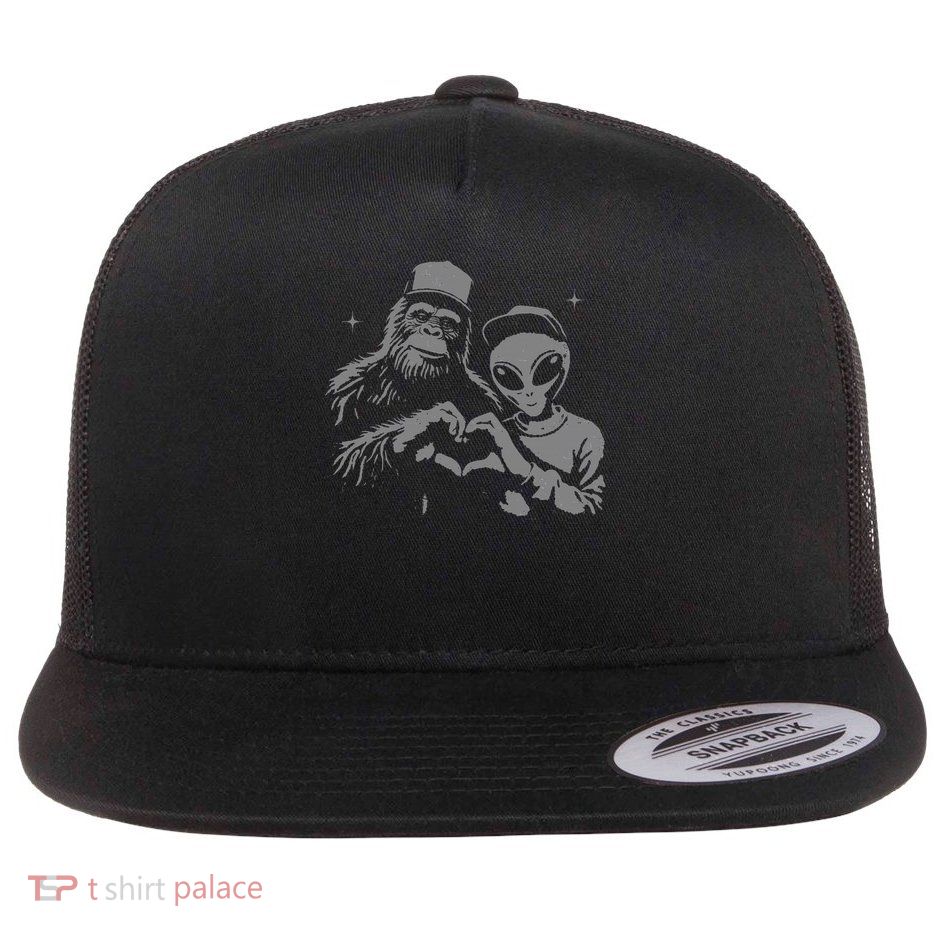 Bigfoot And Alien Sasquatch Love Hand Sign Flat Bill Trucker Hat