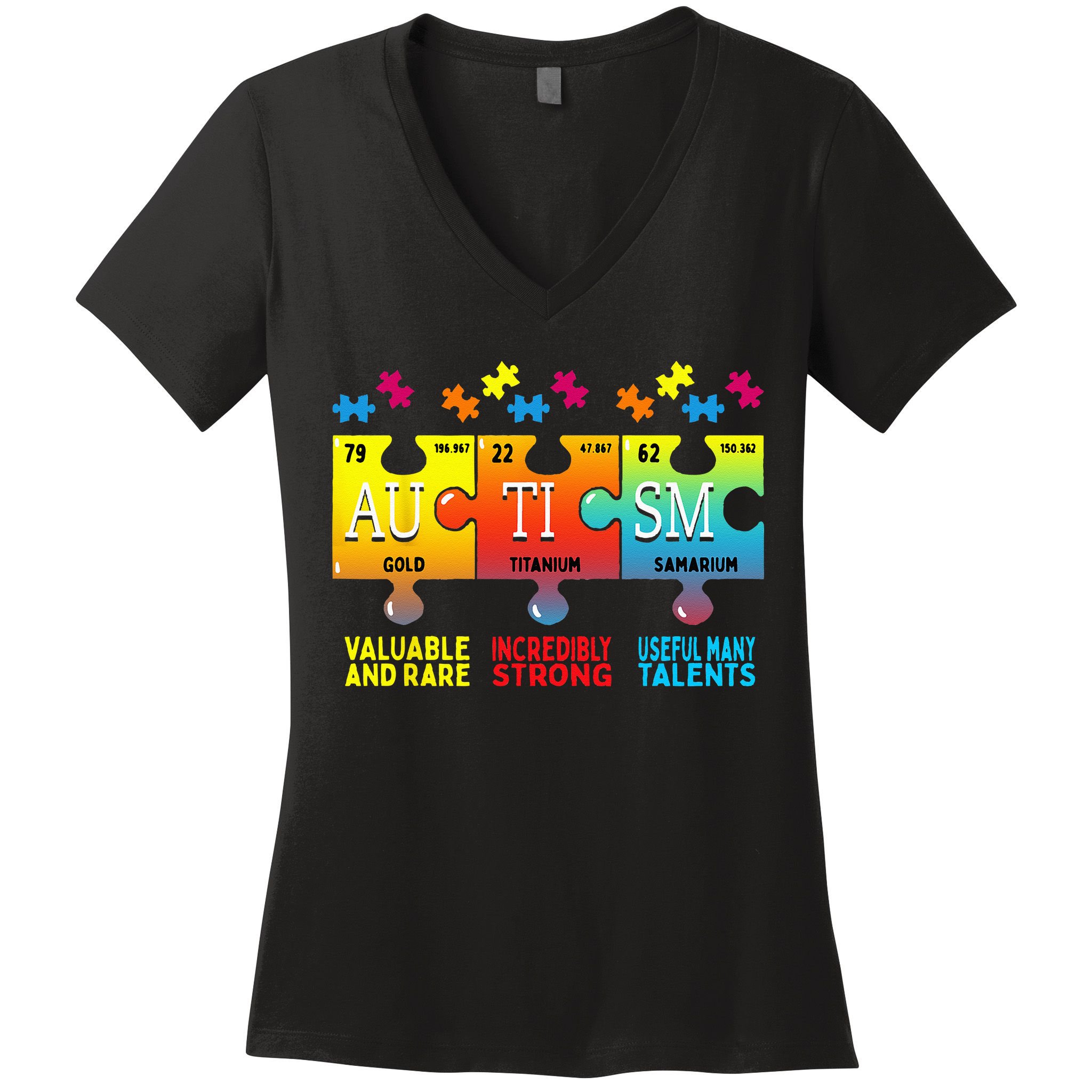 Black Autism Awareness Puzzle Classic Fit Short Sleeve Cotton & Polyester Blend Women's V-Neck T-Shirt