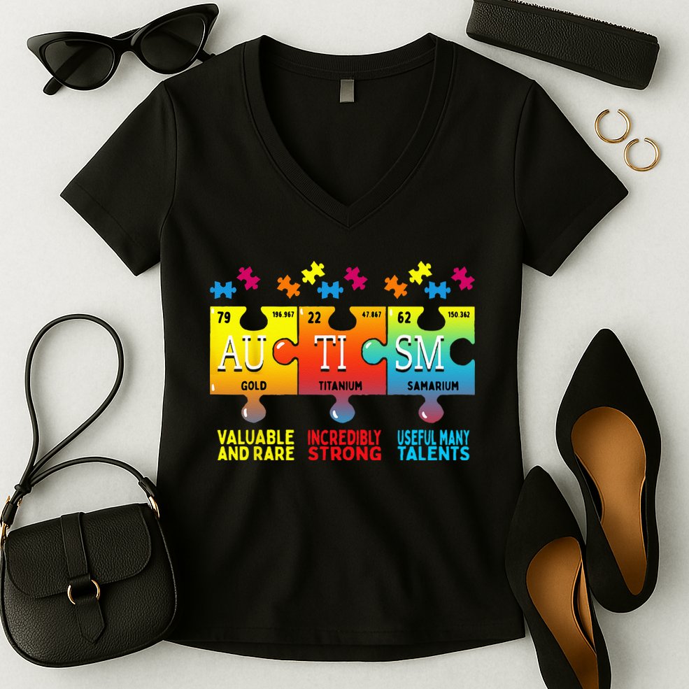 Black Autism Awareness Puzzle Classic Fit Short Sleeve Cotton & Polyester Blend Women's V-Neck T-Shirt