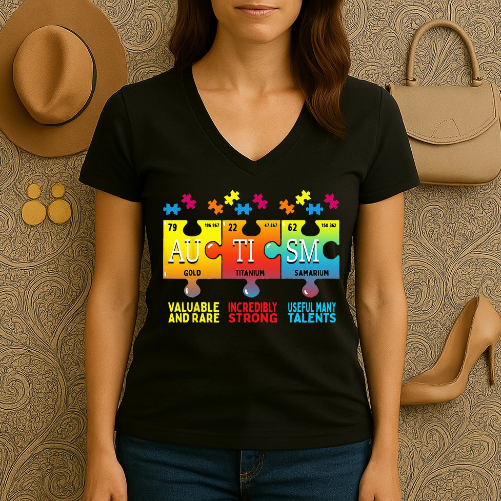 Black Autism Awareness Puzzle Classic Fit Short Sleeve Cotton & Polyester Blend Women's V-Neck T-Shirt