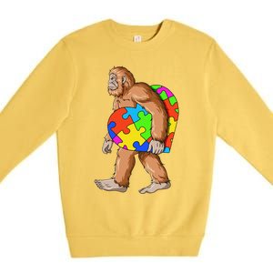 Bigfoot Autism Awareness Heart Puzzle Piece Sasquatch Premium Crewneck Sweatshirt