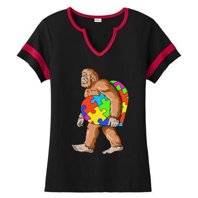 Bigfoot Autism Awareness Heart Puzzle Piece Sasquatch Ladies Halftime Notch Neck Tee