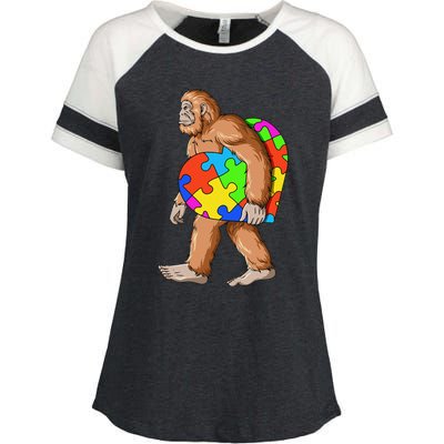 Bigfoot Autism Awareness Heart Puzzle Piece Sasquatch Enza Ladies Jersey Colorblock Tee