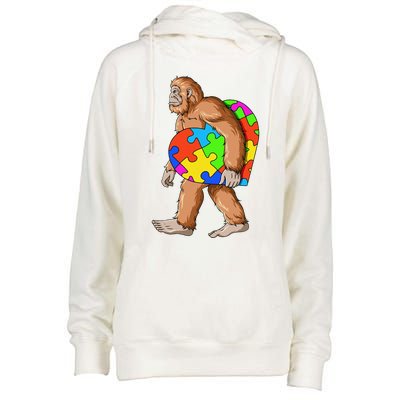 Bigfoot Autism Awareness Heart Puzzle Piece Sasquatch Womens Funnel Neck Pullover Hood