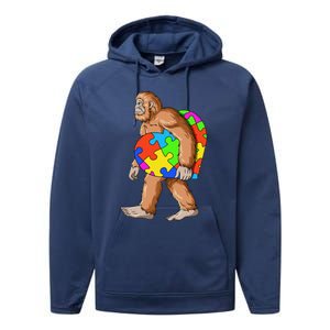 Bigfoot Autism Awareness Heart Puzzle Piece Sasquatch Performance Fleece Hoodie