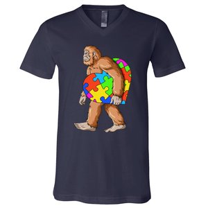 Bigfoot Autism Awareness Heart Puzzle Piece Sasquatch V-Neck T-Shirt