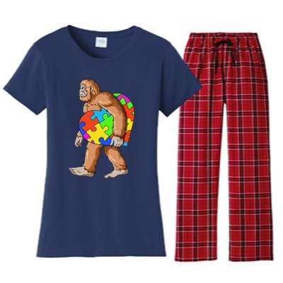 Bigfoot Autism Awareness Heart Puzzle Piece Sasquatch Women's Flannel Pajama Set