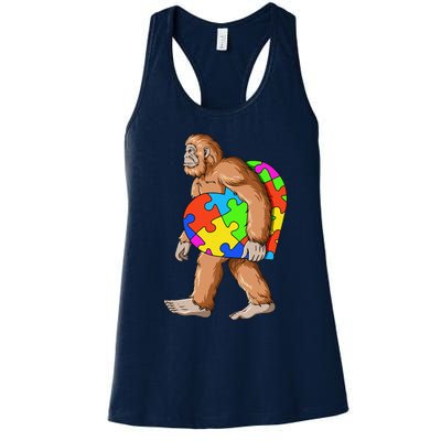 Bigfoot Autism Awareness Heart Puzzle Piece Sasquatch Women's Racerback Tank