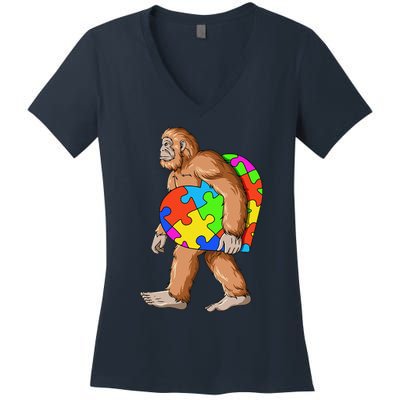 Bigfoot Autism Awareness Heart Puzzle Piece Sasquatch Women's V-Neck T-Shirt