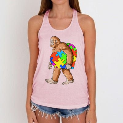 Bigfoot Autism Awareness Heart Puzzle Piece Sasquatch Women's Knotted Racerback Tank