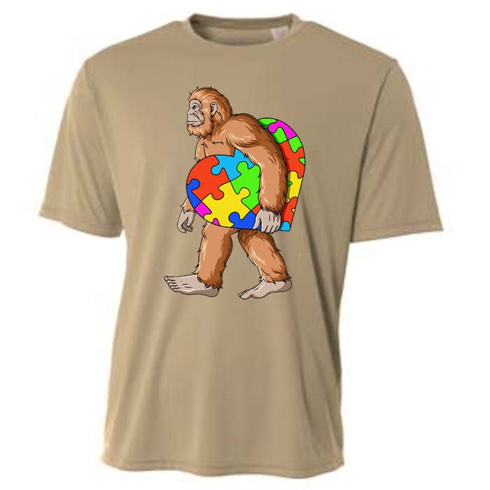 Bigfoot Autism Awareness Heart Puzzle Piece Sasquatch Cooling Performance Crew T-Shirt