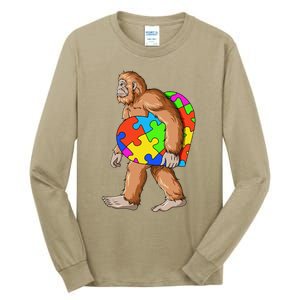 Bigfoot Autism Awareness Heart Puzzle Piece Sasquatch Tall Long Sleeve T-Shirt