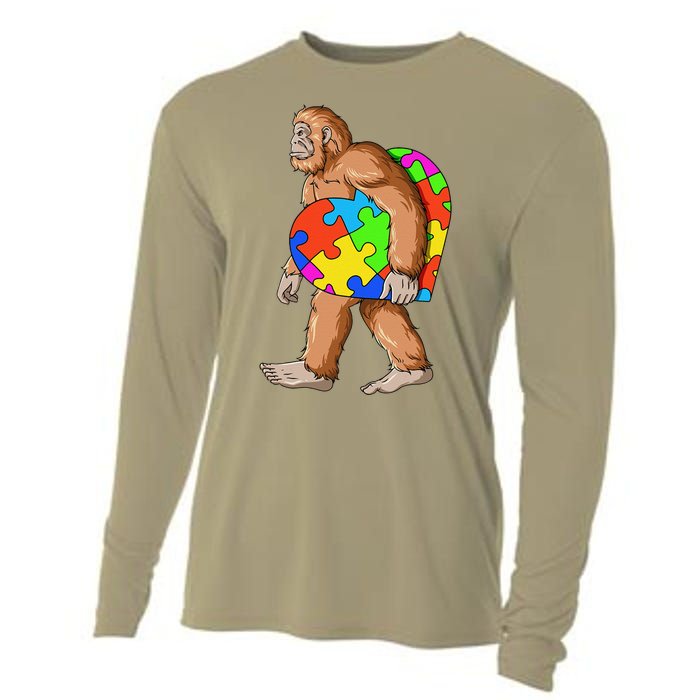 Bigfoot Autism Awareness Heart Puzzle Piece Sasquatch Cooling Performance Long Sleeve Crew