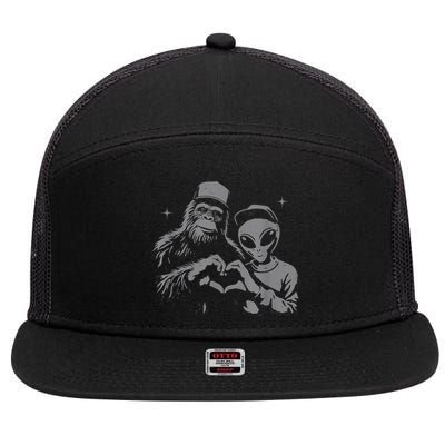 Bigfoot And Alien Sasquatch Love Hand Sign 7 Panel Mesh Trucker Snapback Hat