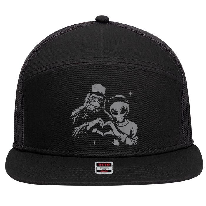 Bigfoot And Alien Sasquatch Love Hand Sign 7 Panel Mesh Trucker Snapback Hat