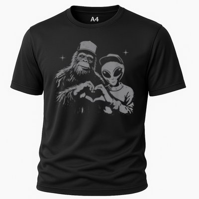 Bigfoot And Alien Sasquatch Love Hand Sign Cooling Performance Crew T-Shirt