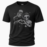 Bigfoot And Alien Sasquatch Love Hand Sign Cooling Performance Crew T-Shirt