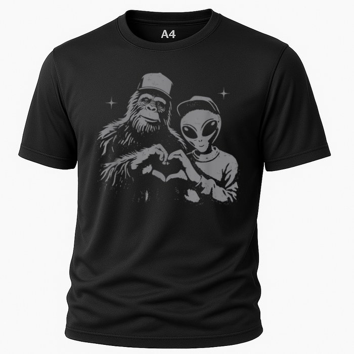 Bigfoot And Alien Sasquatch Love Hand Sign Cooling Performance Crew T-Shirt