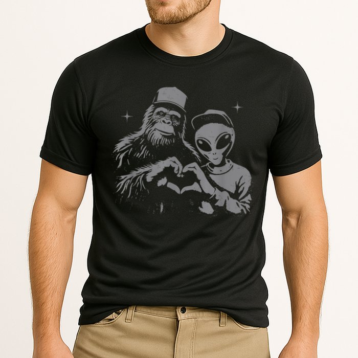 Bigfoot And Alien Sasquatch Love Hand Sign Cooling Performance Crew T-Shirt