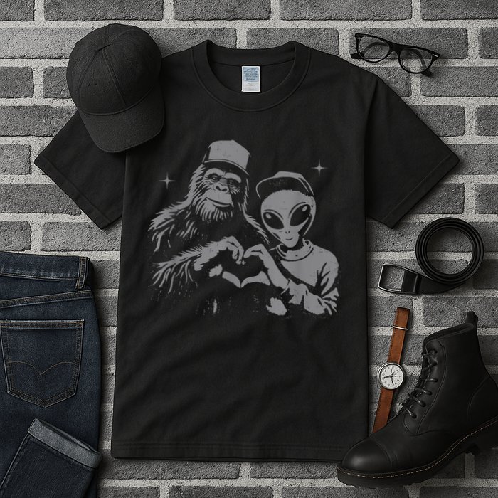 Bigfoot And Alien Sasquatch Love Hand Sign Tall T-Shirt