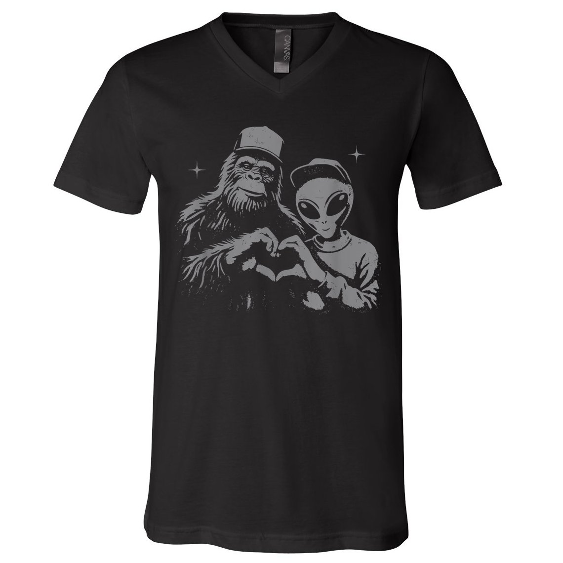Bigfoot And Alien Sasquatch Love Hand Sign V-Neck T-Shirt