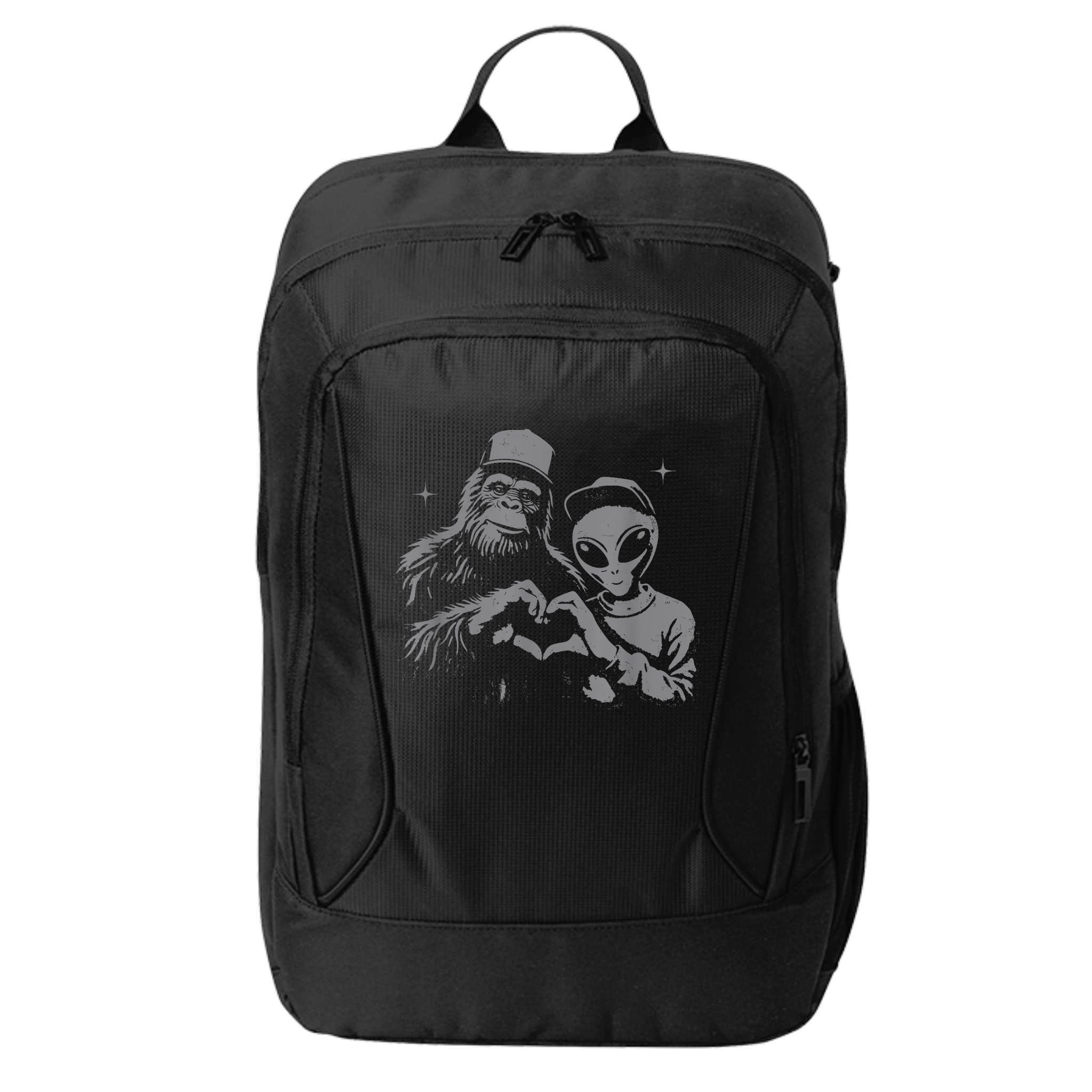 Bigfoot And Alien Sasquatch Love Hand Sign City Backpack