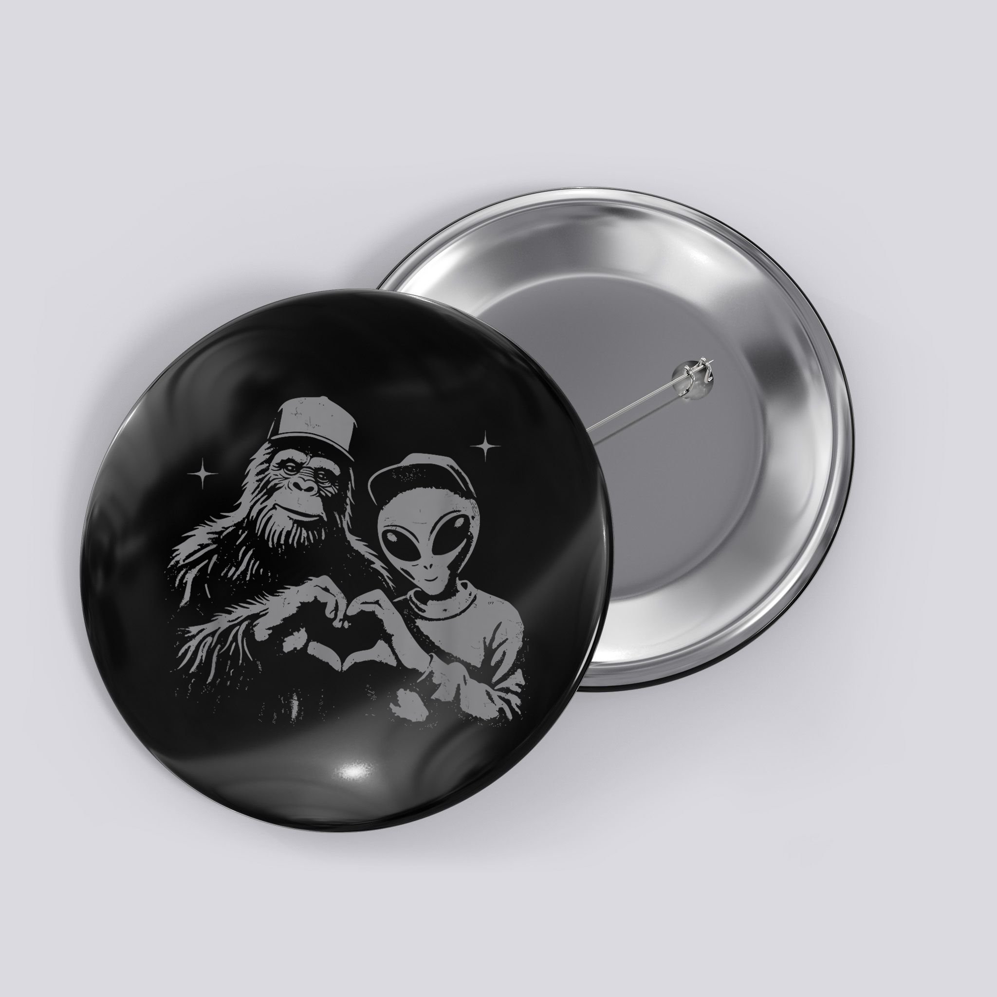 Bigfoot And Alien Sasquatch Love Hand Sign Button