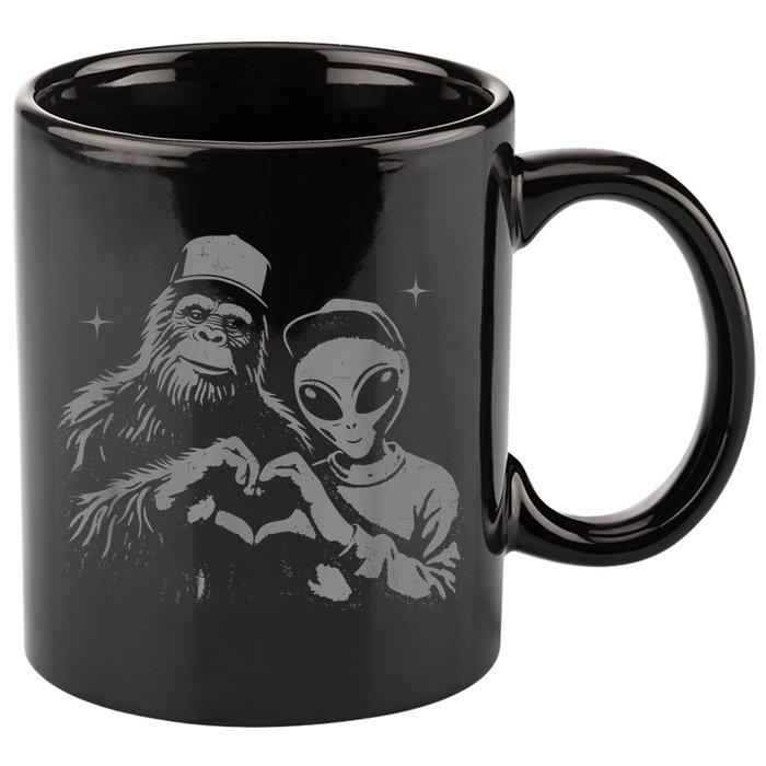 Bigfoot And Alien Sasquatch Love Hand Sign 11oz C Handle Ceramic Mug