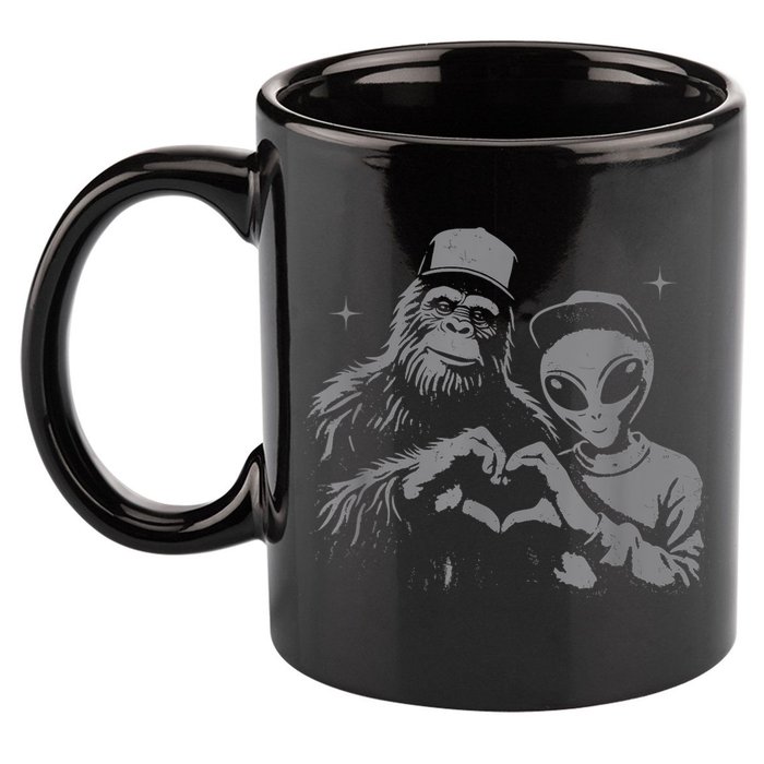 Bigfoot And Alien Sasquatch Love Hand Sign 11oz C Handle Ceramic Mug