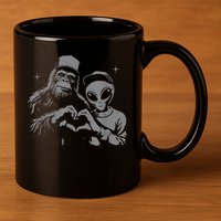 Bigfoot And Alien Sasquatch Love Hand Sign 11oz C Handle Ceramic Mug