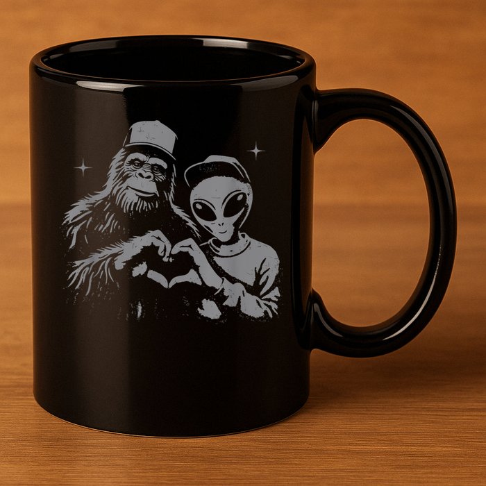 Bigfoot And Alien Sasquatch Love Hand Sign 11oz C Handle Ceramic Mug