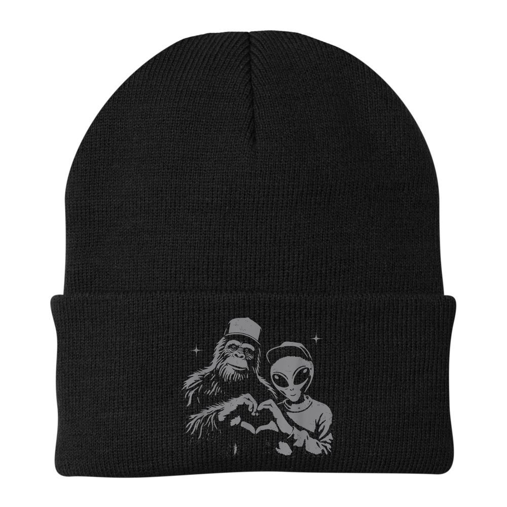 Bigfoot And Alien Sasquatch Love Hand Sign Beanie