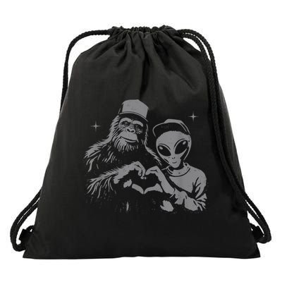 Bigfoot And Alien Sasquatch Love Hand Sign Drawstring Bag