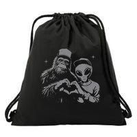 Bigfoot And Alien Sasquatch Love Hand Sign Drawstring Bag