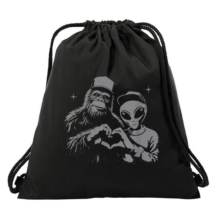 Bigfoot And Alien Sasquatch Love Hand Sign Drawstring Bag