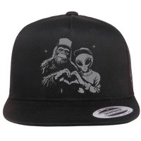 Bigfoot And Alien Sasquatch Love Hand Sign Flat Bill Trucker Hat