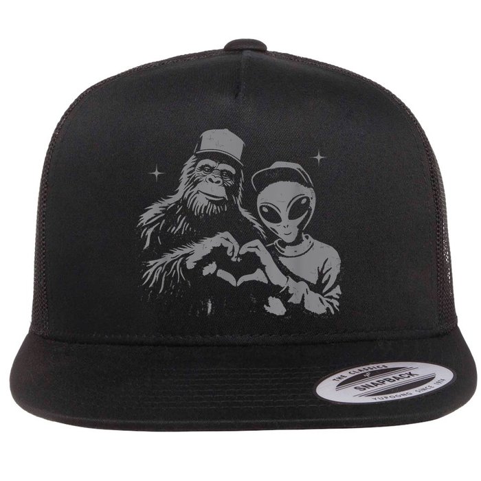 Bigfoot And Alien Sasquatch Love Hand Sign Flat Bill Trucker Hat