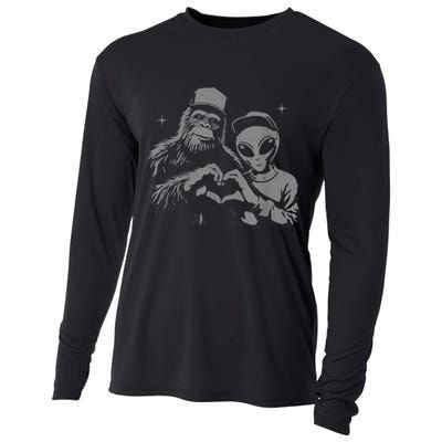 Bigfoot And Alien Sasquatch Love Hand Sign Cooling Performance Long Sleeve Crew