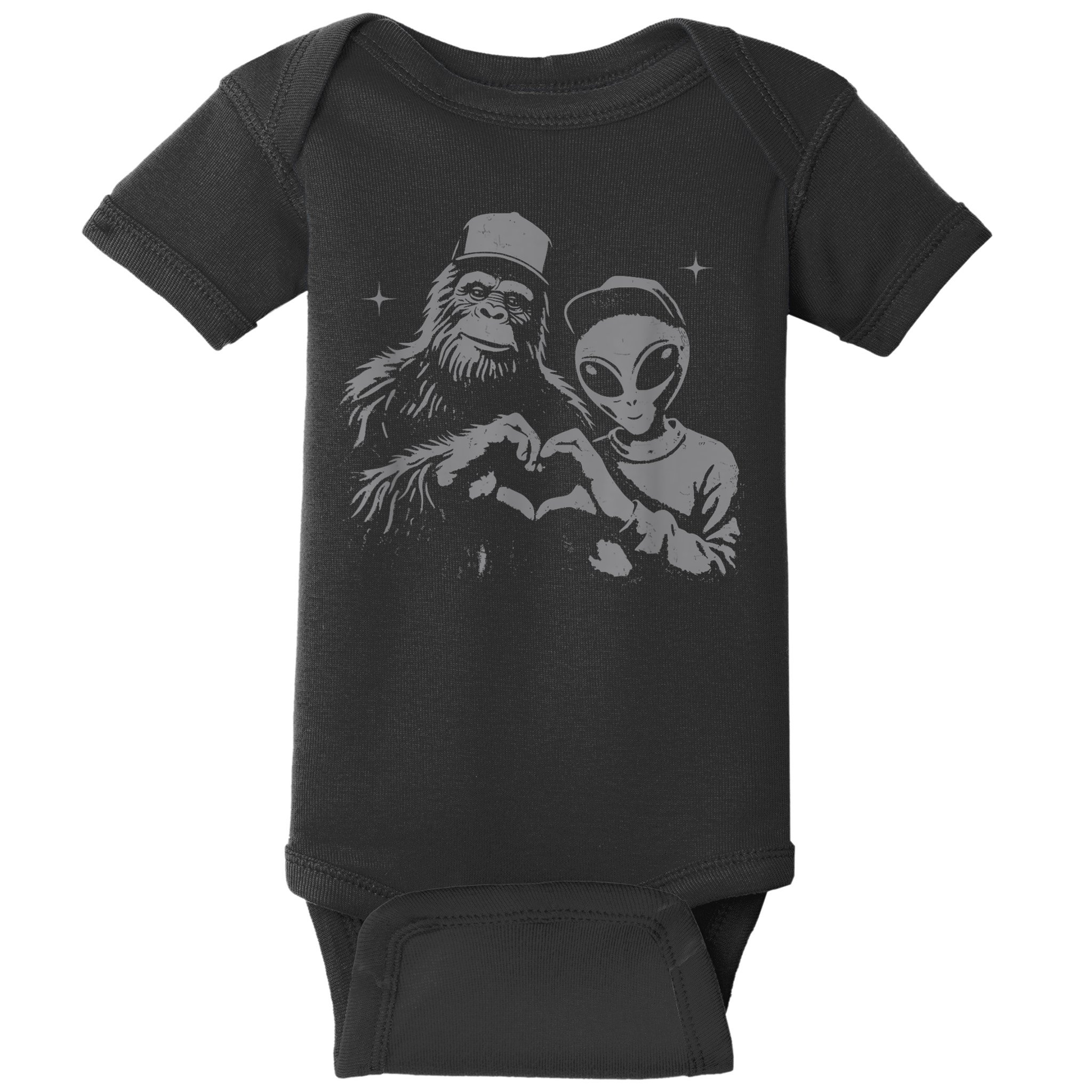 Bigfoot And Alien Sasquatch Love Hand Sign Baby Bodysuit