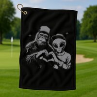 Bigfoot And Alien Sasquatch Love Hand Sign Golf Towel