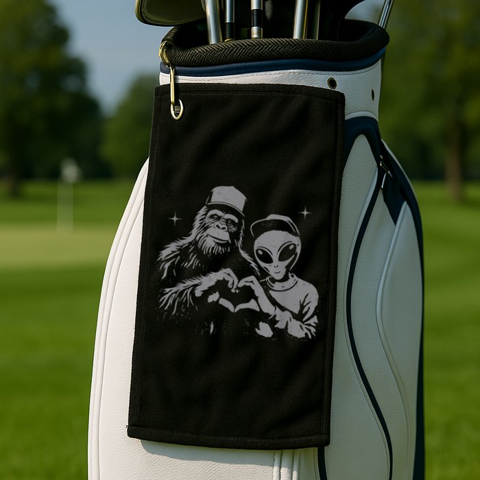 Bigfoot And Alien Sasquatch Love Hand Sign Golf Towel