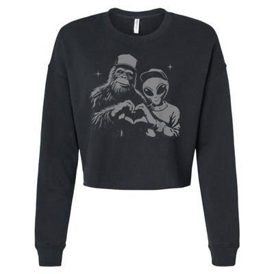 Bigfoot And Alien Sasquatch Love Hand Sign Cropped Pullover Crew