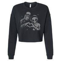 Bigfoot And Alien Sasquatch Love Hand Sign Cropped Pullover Crew