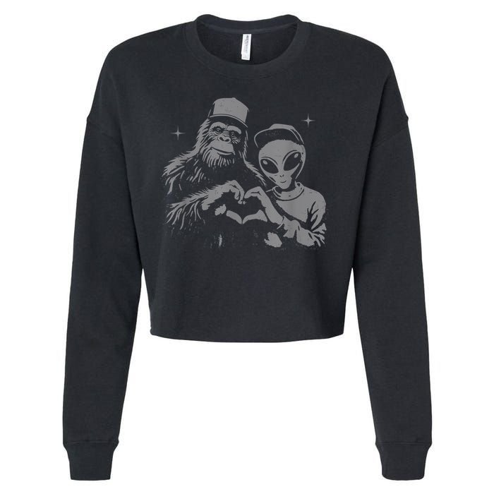 Bigfoot And Alien Sasquatch Love Hand Sign Cropped Pullover Crew